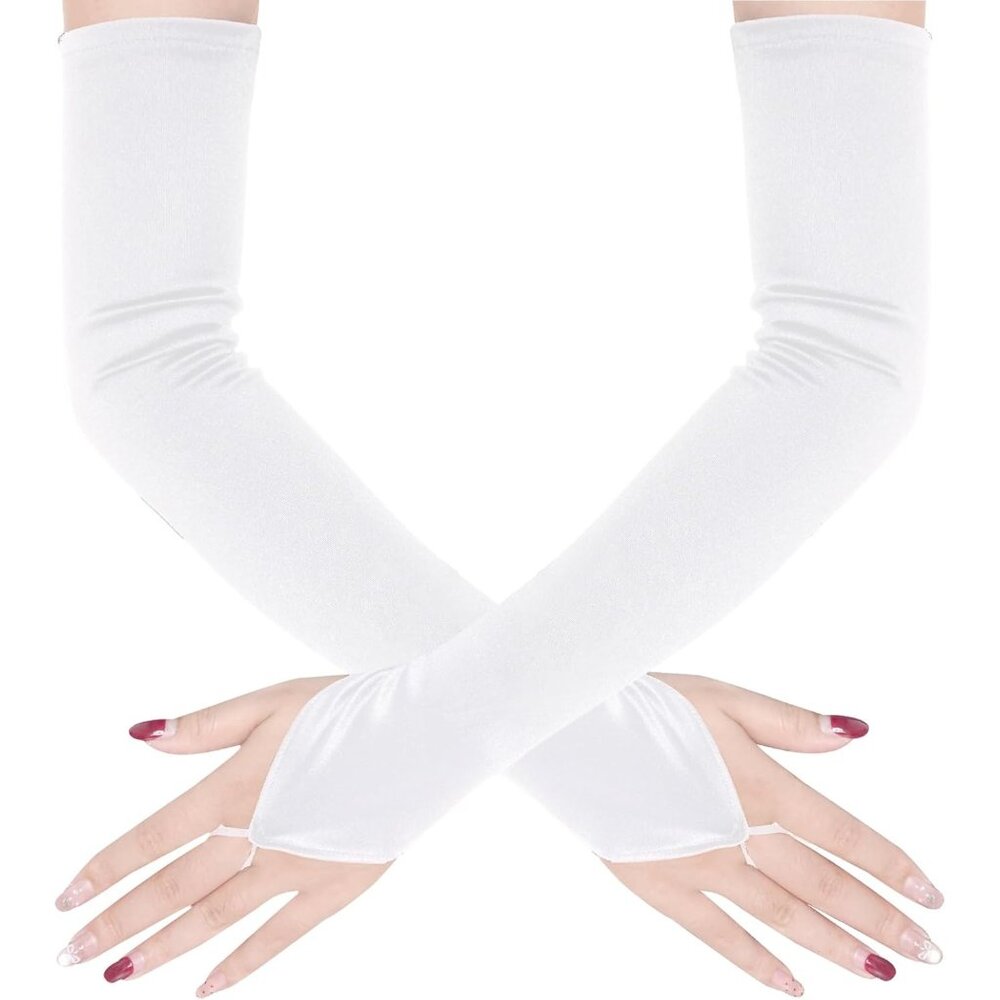 Women's Evening White Long Length Fingerless Satin Gloves Wedding Party Costume